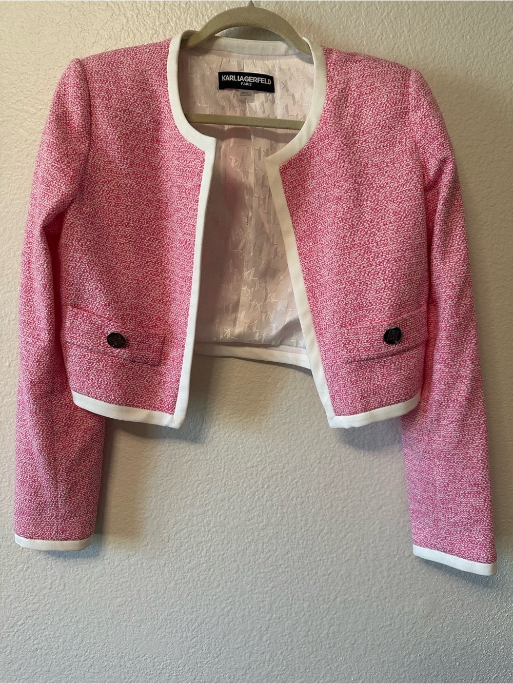 Karl Lagerfeld Pink Tweed Cropped Blazer with White Trim